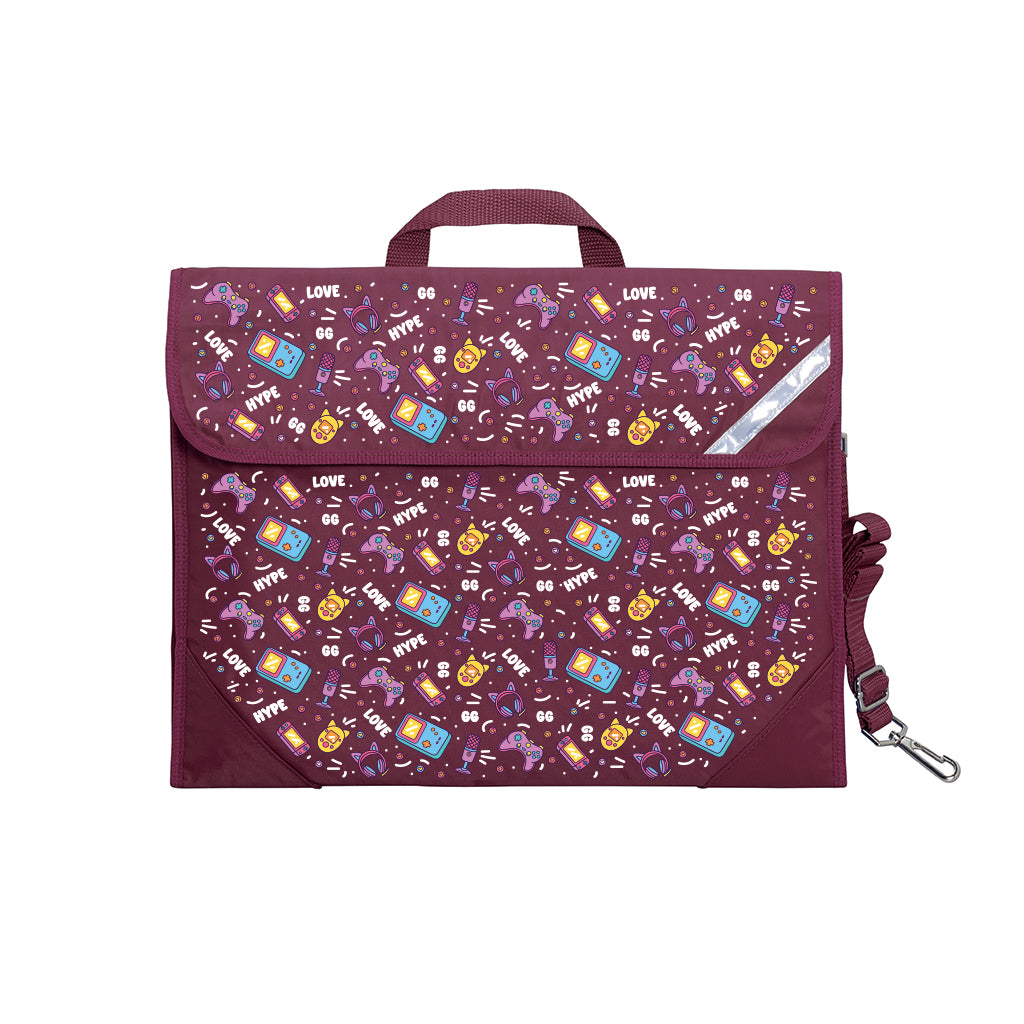 Harlequin Safety Library bag in Maroon with Pixel Chick design from the Harlequin Creatix Signature Series. Front angle view displaying carry handle, easy open velcro strap, reflector safety strip, reinforced corners and shoulder strap.