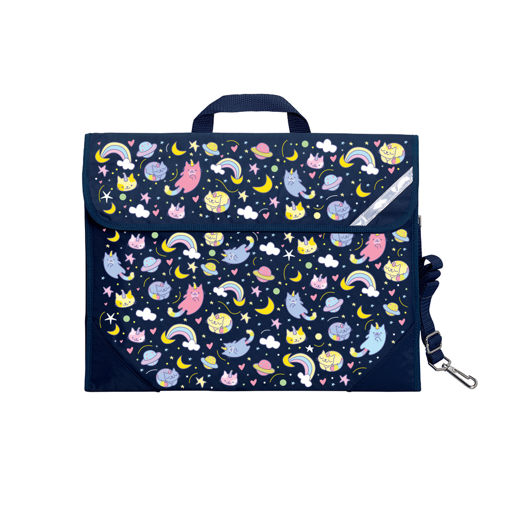 Harlequin Safety Library bag in Navy displaying carry handle, velcro opening, shoulder strap, reflector safety strip and reinforced corners