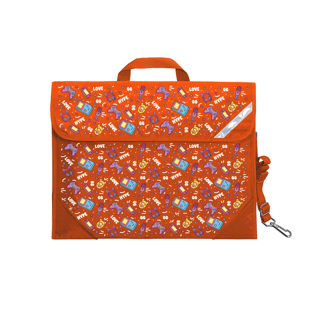 Harlequin Safety Library bag in Orange with Pixel Chick design from the Harlequin Creatix Signature Series. Front angle view displaying carry handle, easy open velcro strap, reflector safety strip, reinforced corners and shoulder strap.
