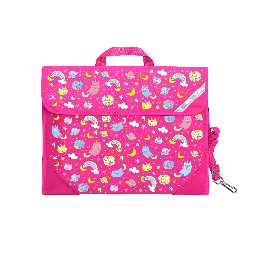 Harlequin Safety Library bag in Hot pink displaying carry handle, velcro opening, shoulder strap, reflector safety strip and reinforced corners