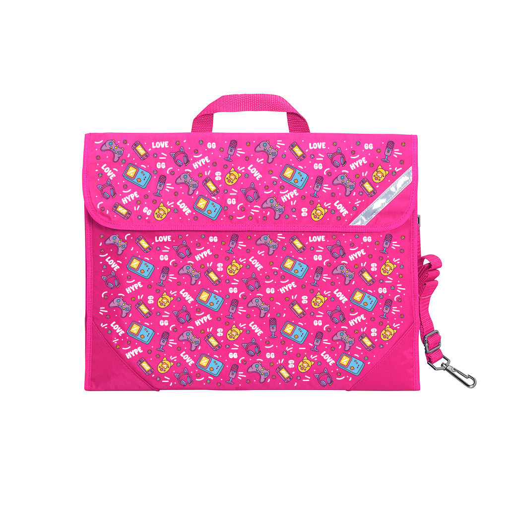 Harlequin Safety Library bag in Pink with Pixel Chick design from the Harlequin Creatix Signature Series. Front angle view displaying carry handle, easy open velcro strap, reflector safety strip, reinforced corners and shoulder strap.