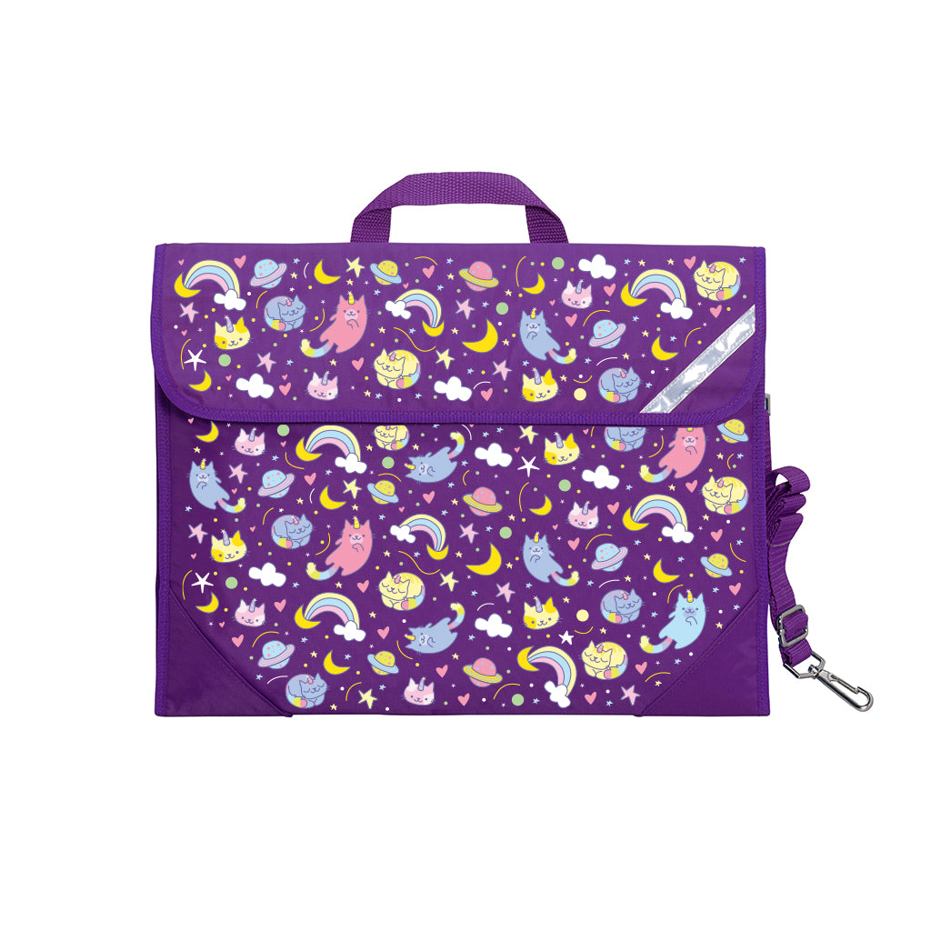 Harlequin Safety Library bag in Purple displaying carry handle, velcro opening, shoulder strap, reflector safety strip and reinforced corners