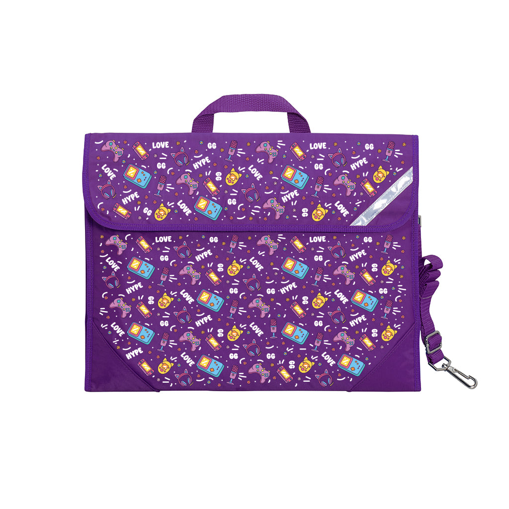 Harlequin Safety Library bag in Purple with Pixel Chick design from the Harlequin Creatix Signature Series. Front angle view displaying carry handle, easy open velcro strap, reflector safety strip, reinforced corners and shoulder strap.