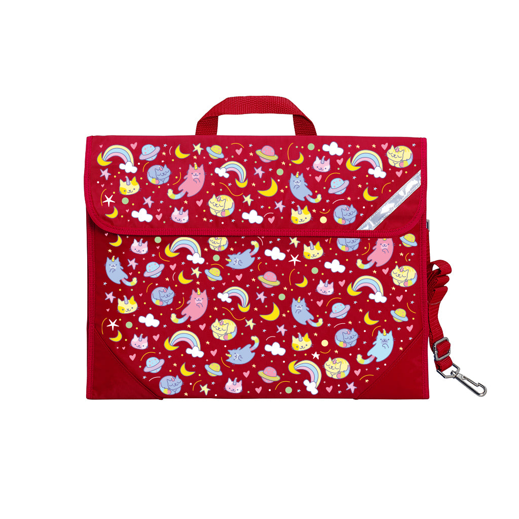 Harlequin Safety Library bag in Red displaying carry handle, velcro opening, shoulder strap, reflector safety strip and reinforced corners
