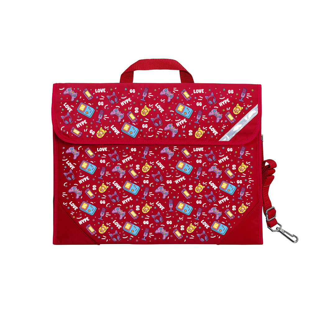 Harlequin Safety Library bag in Red with Pixel Chick design from the Harlequin Creatix Signature Series. Front angle view displaying carry handle, easy open velcro strap, reflector safety strip, reinforced corners and shoulder strap.