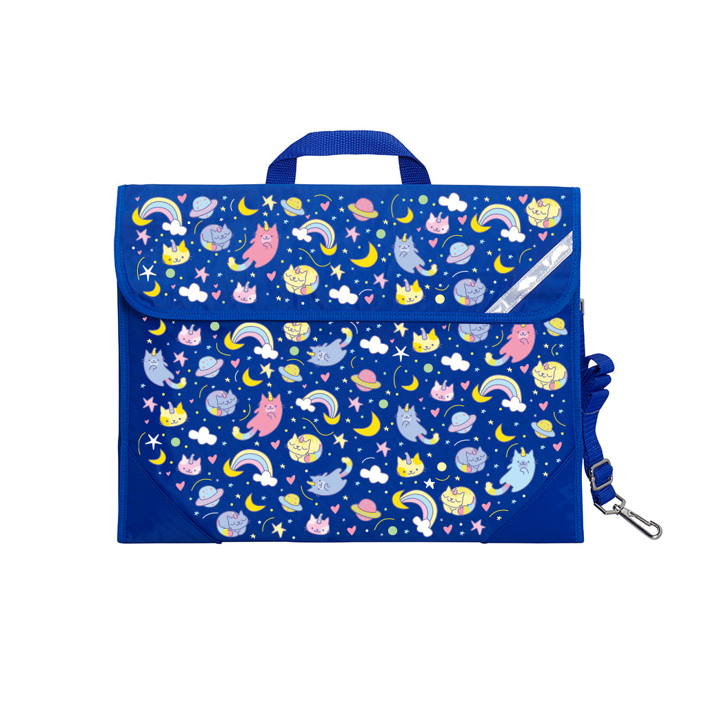 Harlequin Safety Library bag in Royal Blue displaying carry handle, velcro opening, shoulder strap, reflector safety strip and reinforced corners