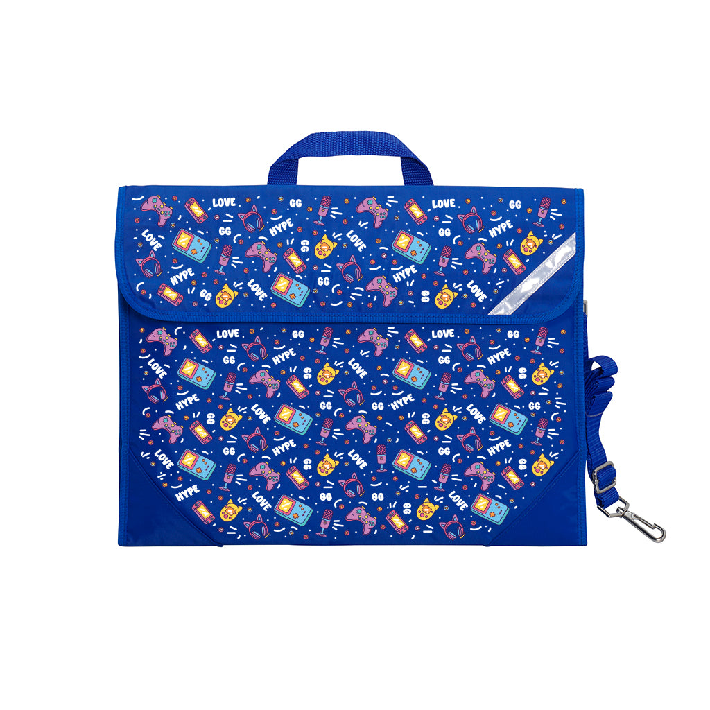 Harlequin Safety Library bag in Royal Blue with Pixel Chick design from the Harlequin Creatix Signature Series. Front angle view displaying carry handle, easy open velcro strap, reflector safety strip, reinforced corners and shoulder strap.