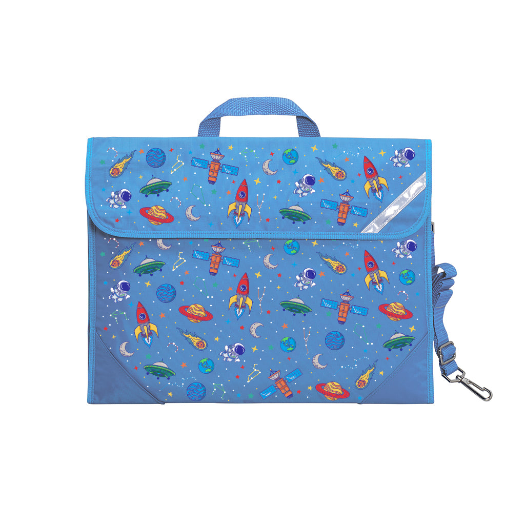 Harlequin Safety Library bag in Sky Blue with Galaxy Boy design from the Harlequin Creatix Signature Series. Front angle view displaying carry handle, easy open velcro strap, reflector safety strip, reinforced corners and shoulder strap.