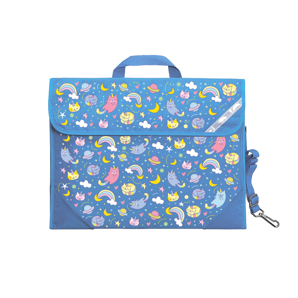 Harlequin Safety Library bag in Sky blue displaying carry handle, velcro opening, shoulder strap, reflector safety strip and reinforced corners