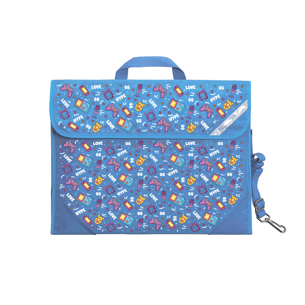 Harlequin Safety Library bag in Sky Blue with Pixel Chick design from the Harlequin Creatix Signature Series. Front angle view displaying carry handle, easy open velcro strap, reflector safety strip, reinforced corners and shoulder strap.