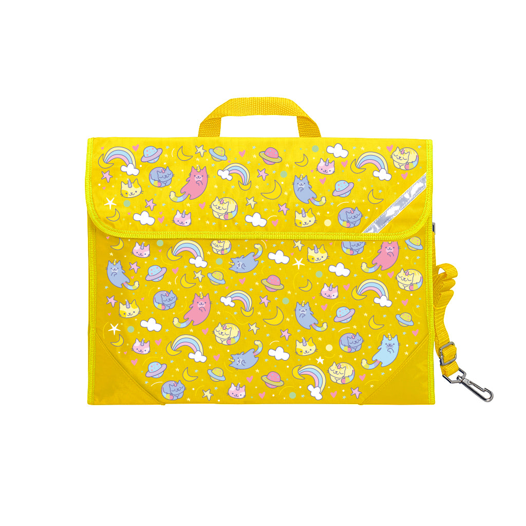 Harlequin Safety Library bag in Yellow displaying carry handle, velcro opening, shoulder strap, reflector safety strip and reinforced corners