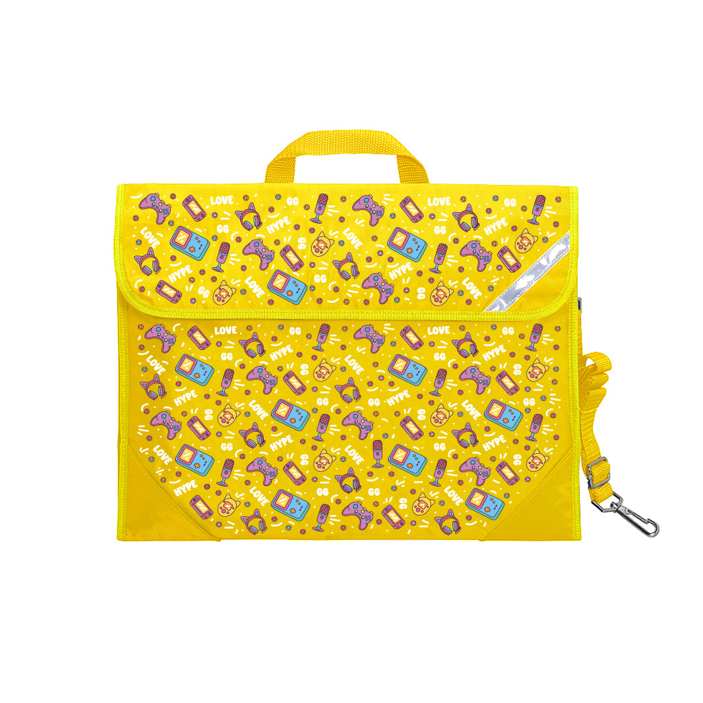 Harlequin Safety Library bag in Yellow with Pixel Chick design from the Harlequin Creatix Signature Series. Front angle view displaying carry handle, easy open velcro strap, reflector safety strip, reinforced corners and shoulder strap.