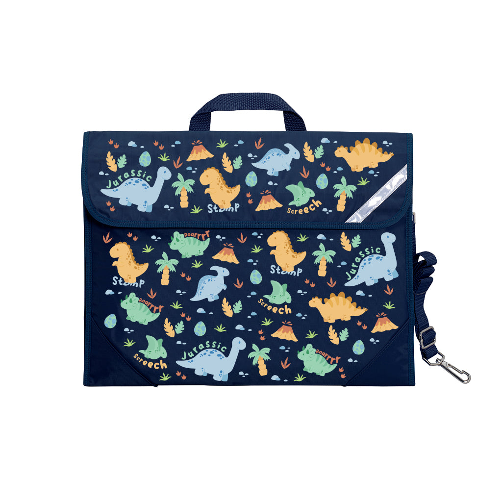 Harlequin Safety Library bag in Navy with Jurassic design from the Harlequin Creatix Signature Series. Front view displaying carry handle, easy open velcro strap, reflector safety strip, reinforced corners and shoulder strap.