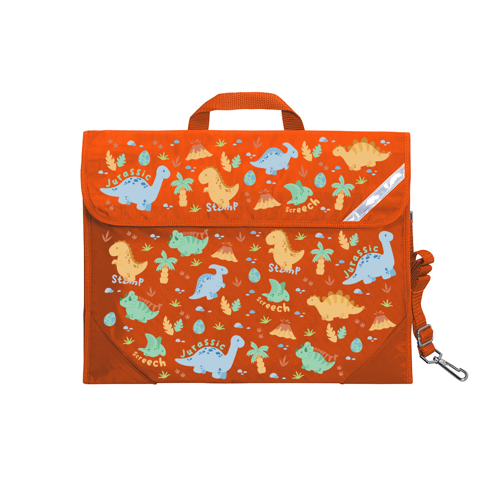Harlequin Safety Library bag in Orange with Jurassic design from the Harlequin Creatix Signature Series. Front view displaying carry handle, easy open velcro strap, reflector safety strip, reinforced corners and shoulder strap.