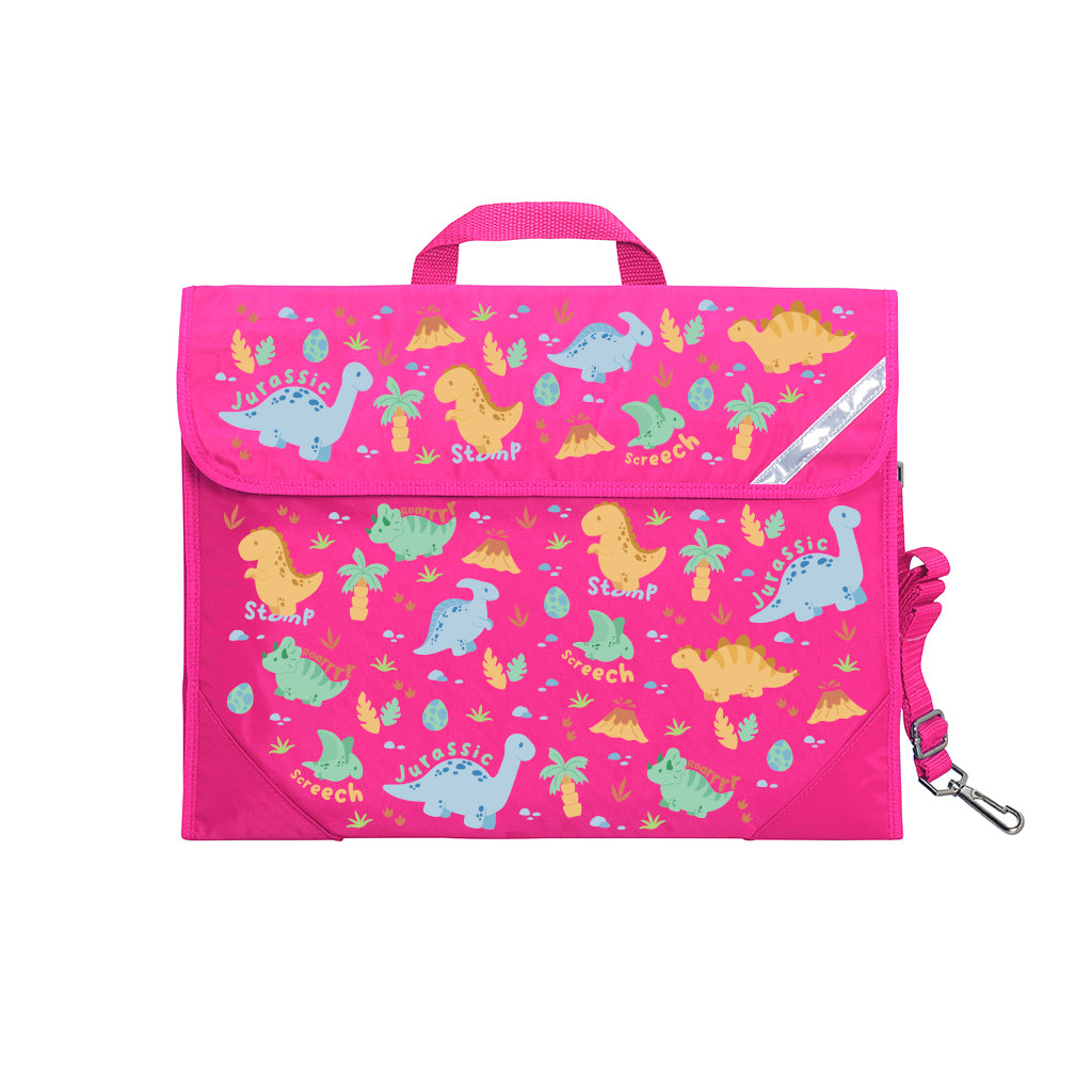 Harlequin Safety Library bag in Pink with Jurassic design from the Harlequin Creatix Signature Series. Front view displaying carry handle, easy open velcro strap, reflector safety strip, reinforced corners and shoulder strap.
