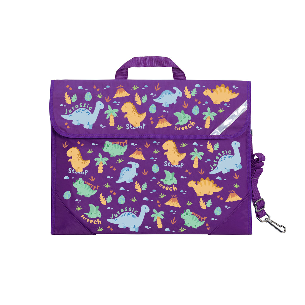 Harlequin Safety Library bag in Purple with Jurassic design from the Harlequin Creatix Signature Series. Front view displaying carry handle, easy open velcro strap, reflector safety strip, reinforced corners and shoulder strap.