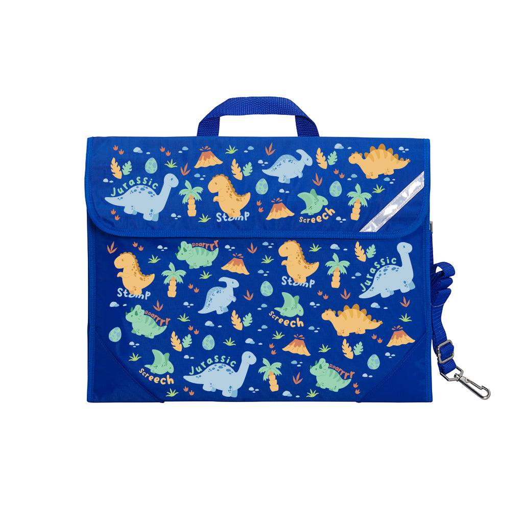 Harlequin Safety Library bag in Royal Blue with Jurassic design from the Harlequin Creatix Signature Series. Front angle view displaying carry handle, easy open velcro strap, reflector safety strip, reinforced corners and shoulder strap.