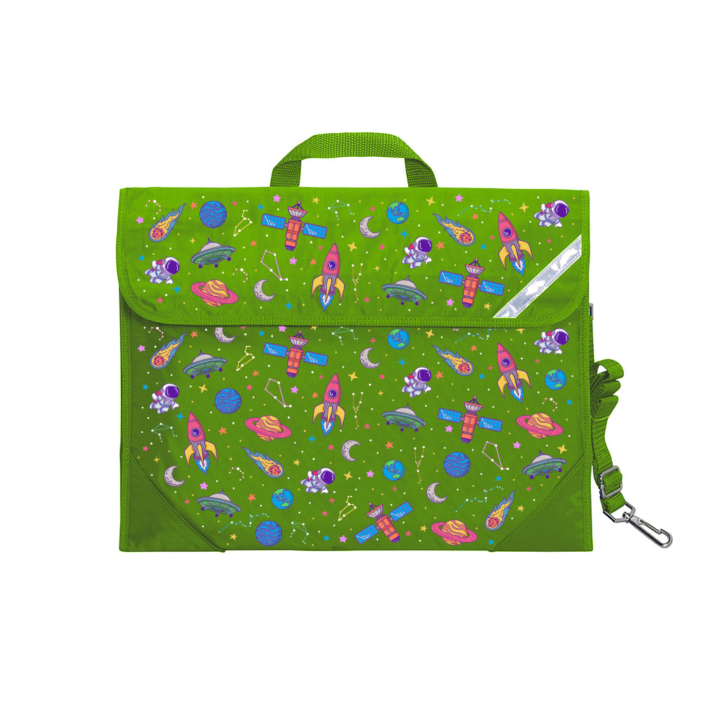 Harlequin Safety Library bag in Apple Green with Galaxy Girl design from the Harlequin Creatix Signature Series. Front view displaying carry handle, easy open velcro strap, reflector safety strip, reinforced corners and shoulder strap.