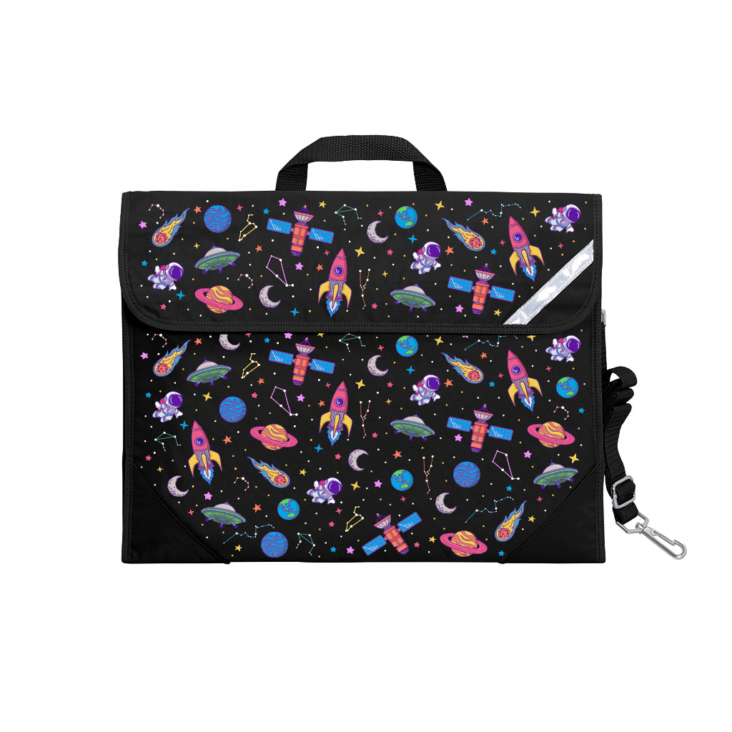 Harlequin Safety Library bag in Black with Galaxy Girl design from the Harlequin Creatix Signature Series. Front view displaying carry handle, easy open velcro strap, reflector safety strip, reinforced corners and shoulder strap.
