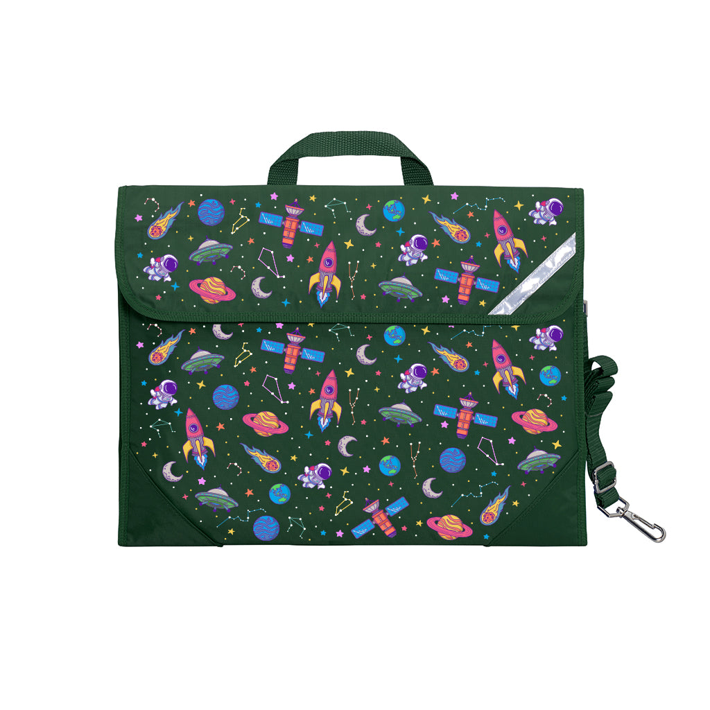 Harlequin Safety Library bag in Green with Galaxy Girl design from the Harlequin Creatix Signature Series. Front view displaying carry handle, easy open velcro strap, reflector safety strip, reinforced corners and shoulder strap.