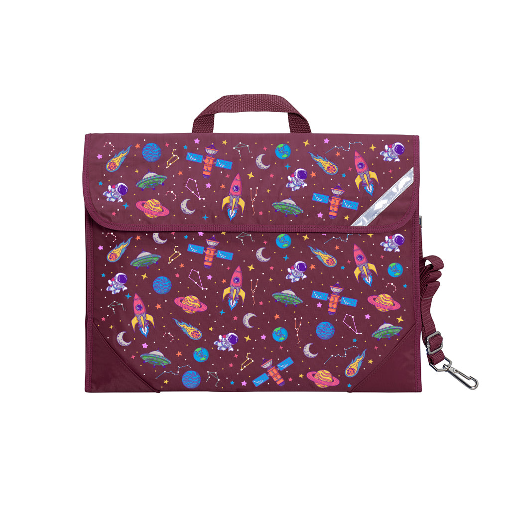 Harlequin Safety Library bag in Maroon with Galaxy Girl design from the Harlequin Creatix Signature Series. Front view displaying carry handle, easy open velcro strap, reflector safety strip, reinforced corners and shoulder strap.