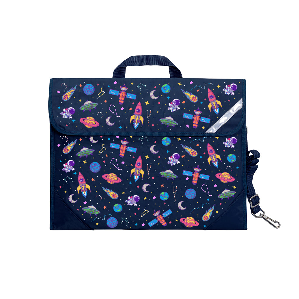 Harlequin Safety Library bag in Navy with Galaxy Girl design from the Harlequin Creatix Signature Series. Front view displaying carry handle, easy open velcro strap, reflector safety strip, reinforced corners and shoulder strap.