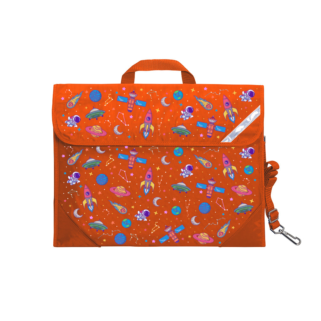 Harlequin Safety Library bag in Orange with Galaxy Girl design from the Harlequin Creatix Signature Series. Front view displaying carry handle, easy open velcro strap, reflector safety strip, reinforced corners and shoulder strap.