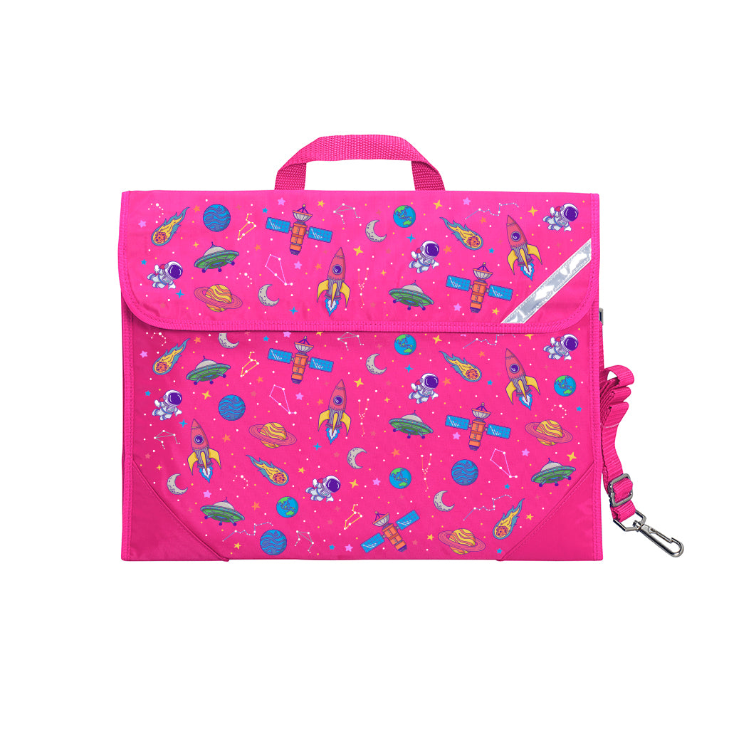 Harlequin Safety Library bag in Pink with Galaxy Girl design from the Harlequin Creatix Signature Series. Front view displaying carry handle, easy open velcro strap, reflector safety strip, reinforced corners and shoulder strap.