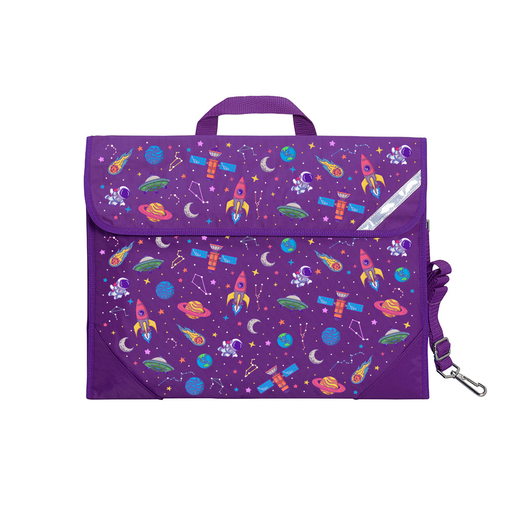 Harlequin Safety Library bag in Purple with Galaxy Girl design from the Harlequin Creatix Signature Series. Front view displaying carry handle, easy open velcro strap, reflector safety strip, reinforced corners and shoulder strap.