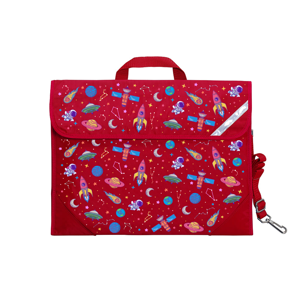 Harlequin Safety Library bag in Red with Galaxy Girl design from the Harlequin Creatix Signature Series. Front view displaying carry handle, easy open velcro strap, reflector safety strip, reinforced corners and shoulder strap.