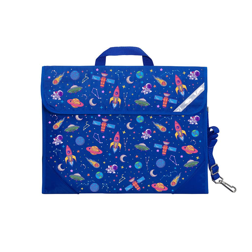 Harlequin Safety Library bag in Royal Blue with Galaxy Girl design from the Harlequin Creatix Signature Series. Front view displaying carry handle, easy open velcro strap, reflector safety strip, reinforced corners and shoulder strap.
