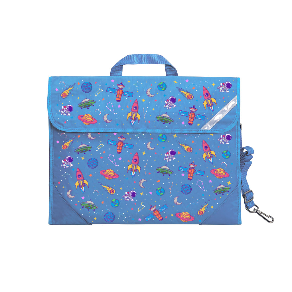 Harlequin Safety Library bag in Sky Blue with Galaxy Girl design from the Harlequin Creatix Signature Series. Front view displaying carry handle, easy open velcro strap, reflector safety strip, reinforced corners and shoulder strap.