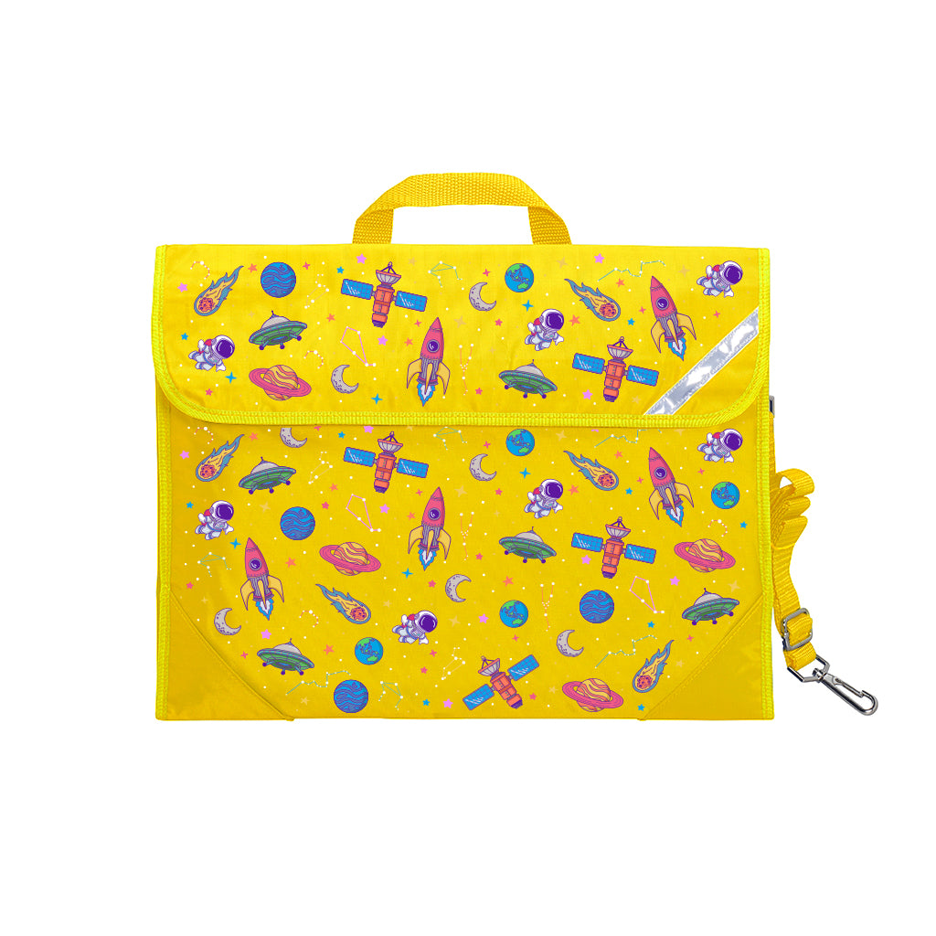 Harlequin Safety Library bag in Yellow with Galaxy Girl design from the Harlequin Creatix Signature Series. Front view displaying carry handle, easy open velcro strap, reflector safety strip, reinforced corners and shoulder strap.