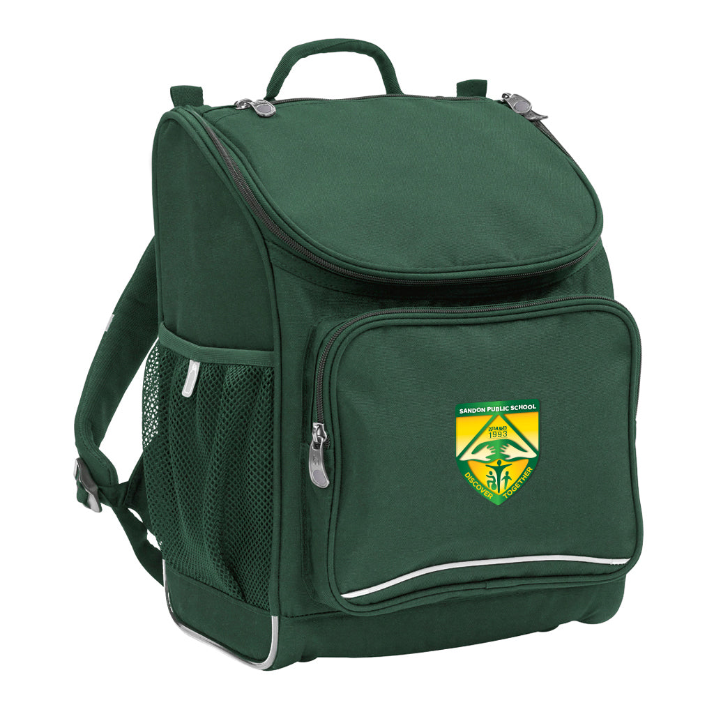 Mighty backpack in colour Green, front side angle displaying carry handle, padded shoulder straps, top zipper compartment, front zipper pocket and mesh water bottle holder with Sandon Public School logo