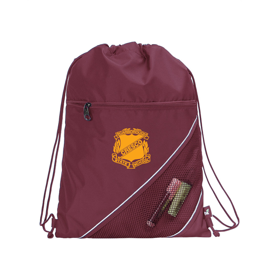 Harlequin maroon eco sprint bag displaying drawstring opening, top zipper, external zippered pocket, and d-ring trinket holder
