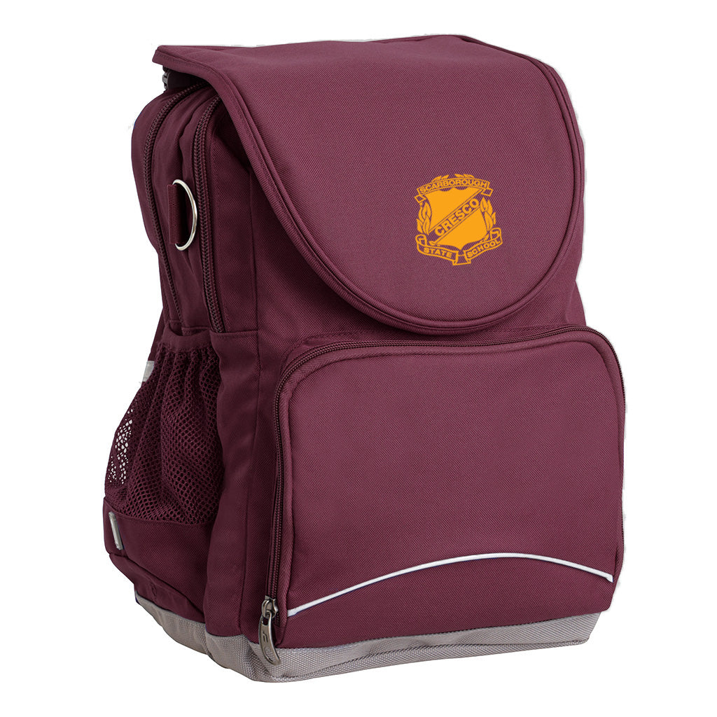 Scarborough State School Ergo Tuff-Pack backpack Maroon. Front side angle, padded shoulder straps, two zipper compartments, front zipper pocket, D-Ring and mesh water bottle.
