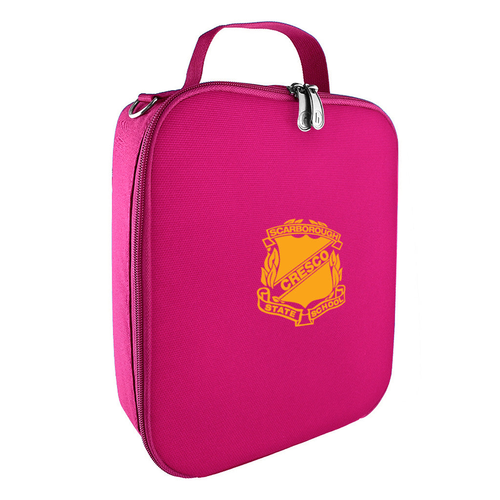 Harlequin lunch bag in pink colour front side angle displaying carry handle, durable water repellent material with Scarborough State School logo