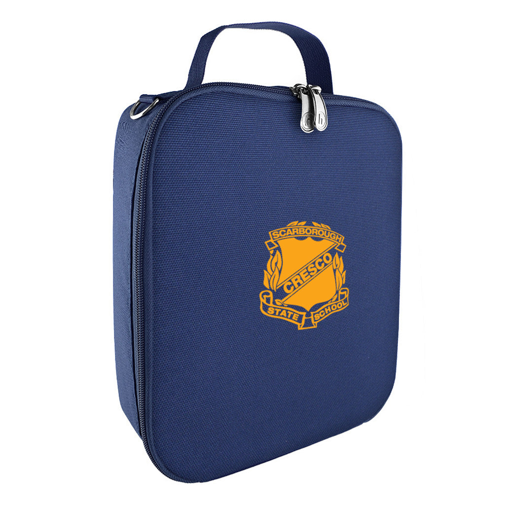 Harlequin lunch bag in navy colour front side angle displaying carry handle, durable water repellent material with Scarborough State School logo