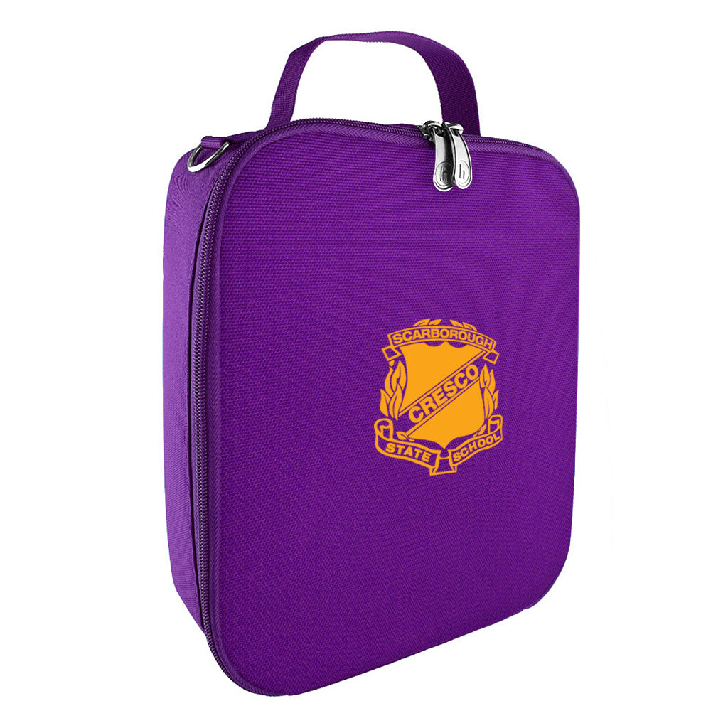 Harlequin lunch bag in purple colour front side angle displaying carry handle, durable water repellent material with Scarborough State School logo