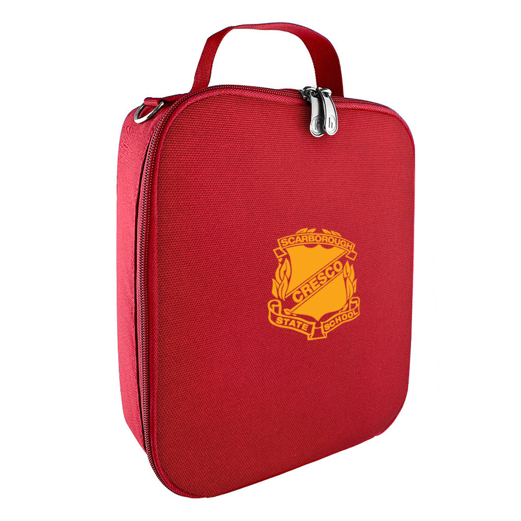 Harlequin lunch bag in red front side angle displaying carry handle, durable water repellent material with Hope Christian logo