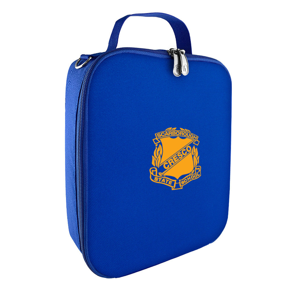 Harlequin lunch bag in royal blue colour front side angle displaying carry handle, durable water repellent material with Scarborough State School logo
