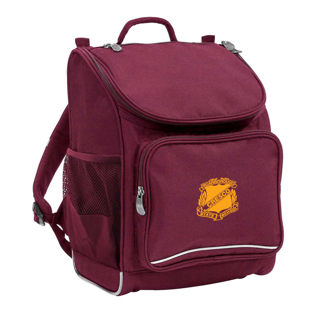 Mighty backpack in colour Maroon, front side angle displaying carry handle, padded shoulder straps, top zipper compartment, front zipper pocket and mesh water bottle holder with Scarborough State School logo