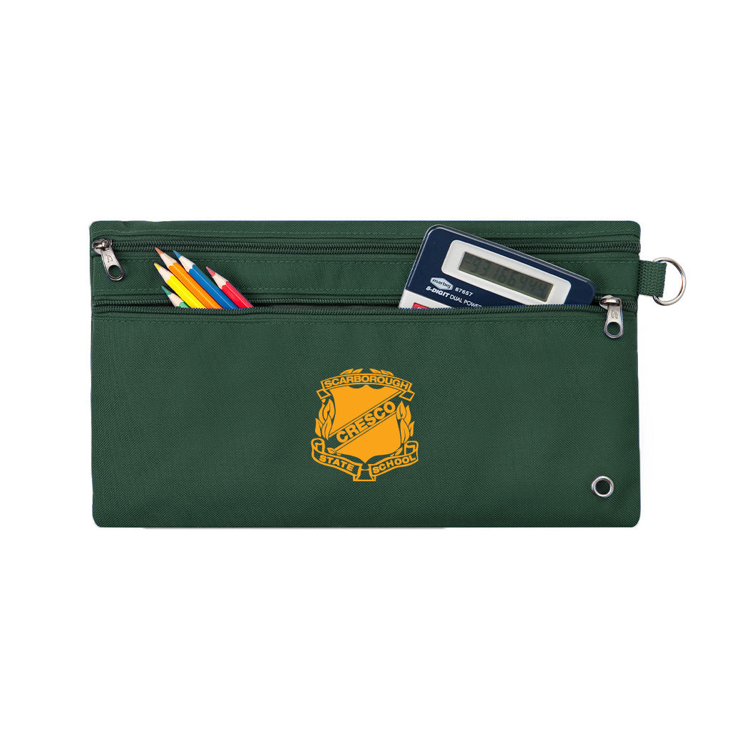 Harlequin green pencil case front angle displaying two zip compartments and D-ring with Scarborough State School logo