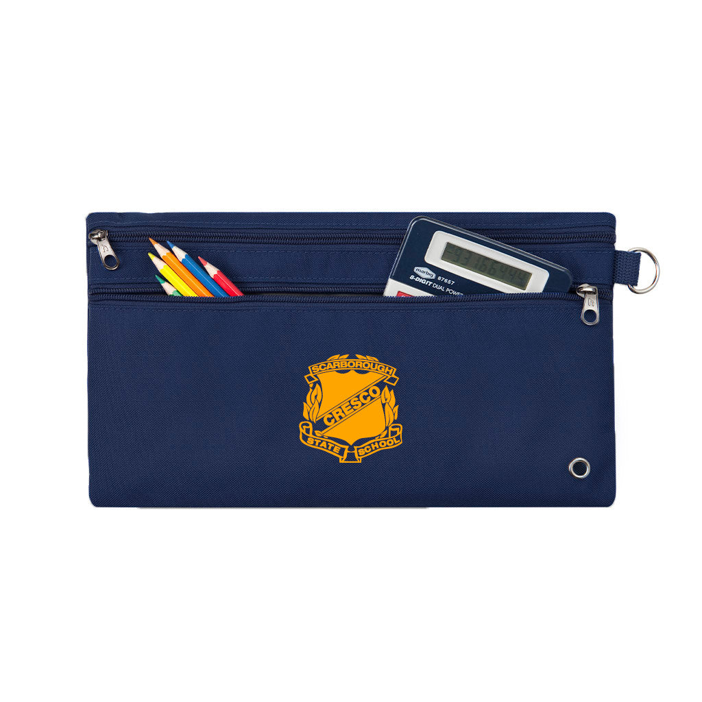 Harlequin navy pencil case front angle displaying two zip compartments and D-ring with Scarborough State School logo