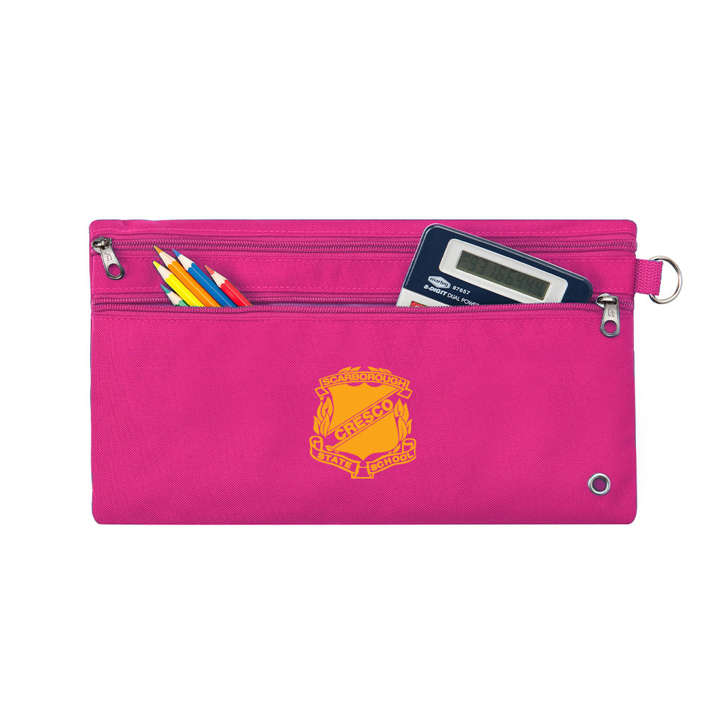 Harlequin pink pencil case front angle displaying two zip compartments and D-ring with Scarborough State School logo