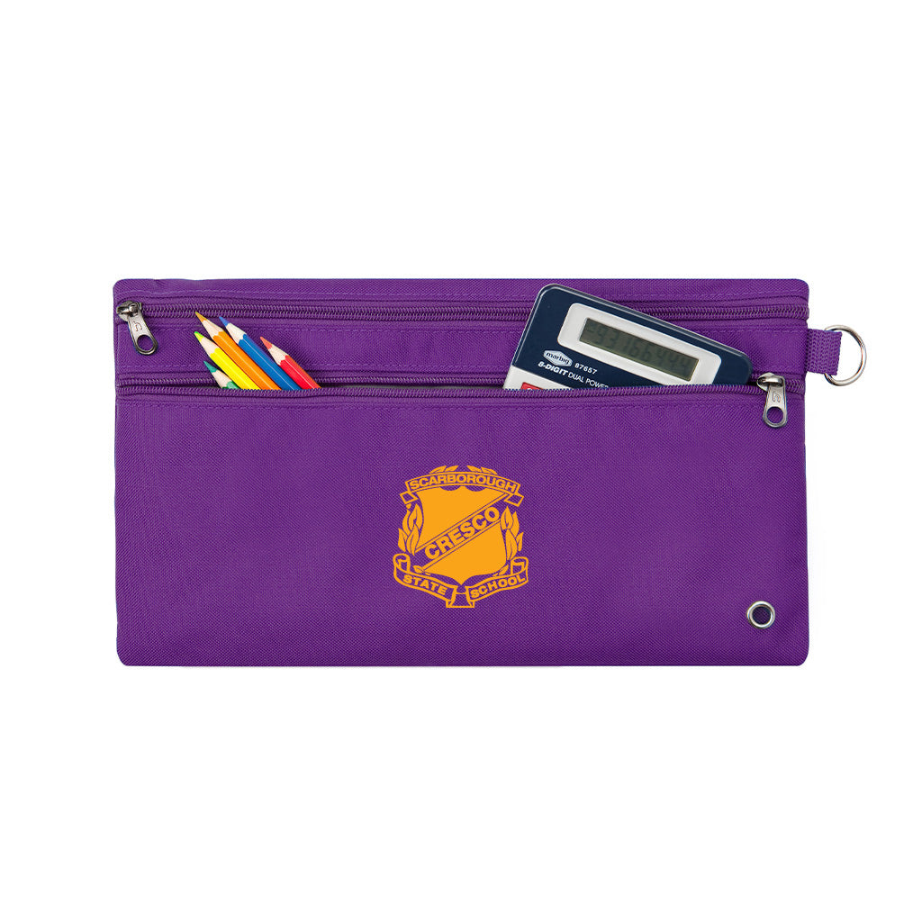 Harlequin purple pencil case front angle displaying two zip compartments and D-ring with Scarborough State School logo
