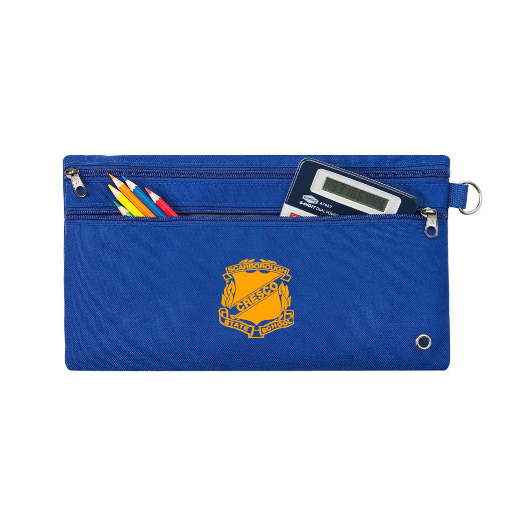 Harlequin royal pencil case front angle displaying two zip compartments and D-ring with Scarborough State School logo