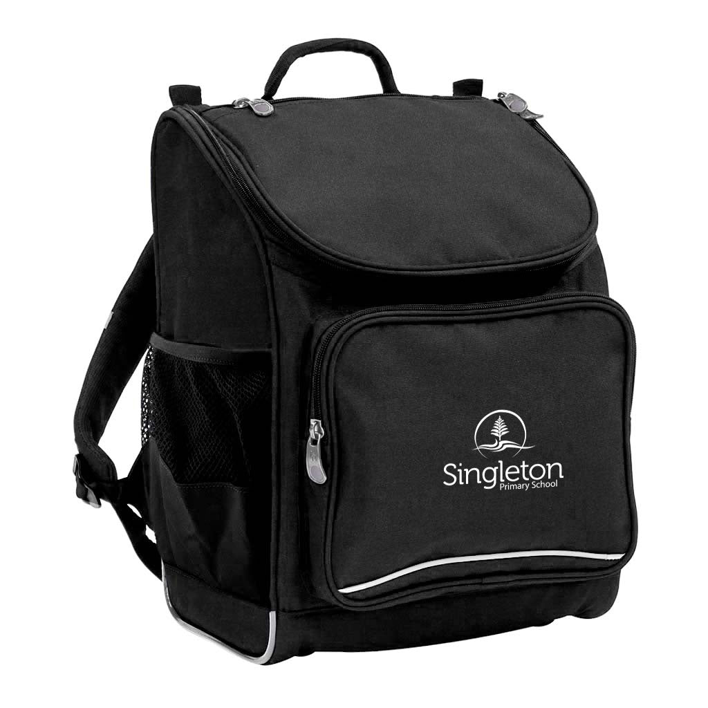 Mighty backpack in colour black, front side angle displaying carry handle, padded shoulder straps, top zipper compartment, front zipper pocket and mesh water bottle holder with Singleton Primary School logo