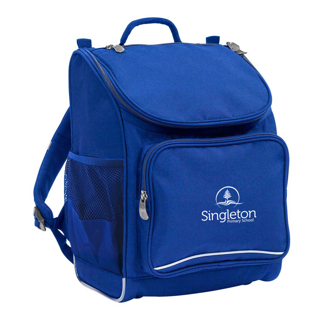 Mighty backpack in colour royal, front side angle displaying carry handle, padded shoulder straps, top zipper compartment, front zipper pocket and mesh water bottle holder with Singleton Primary School logo