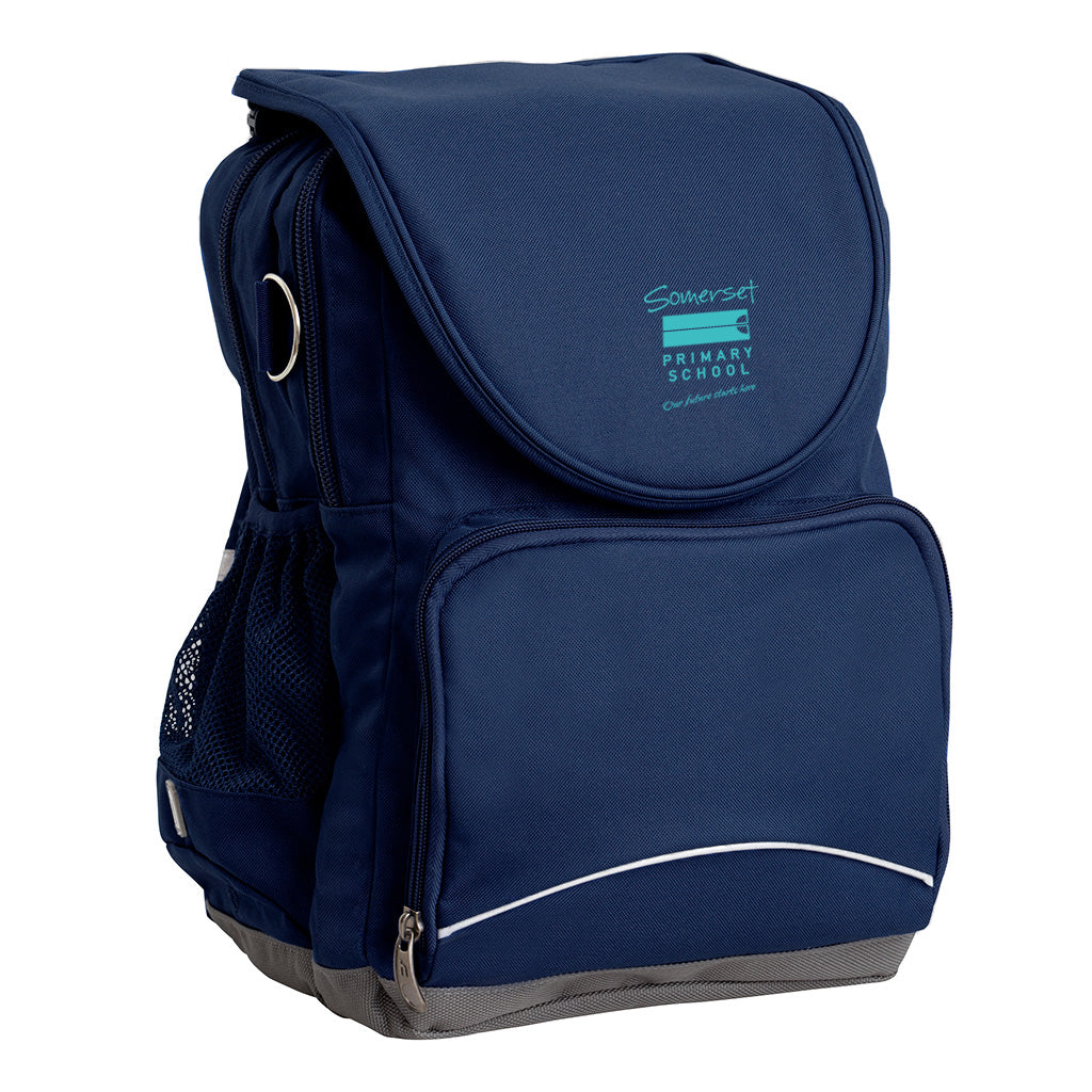 Somerset Primary School Ergo Tuff-Pack backpack Navy. Front side angle, padded shoulder straps, two zipper compartments, front zipper pocket, D-Ring and mesh water bottle.
